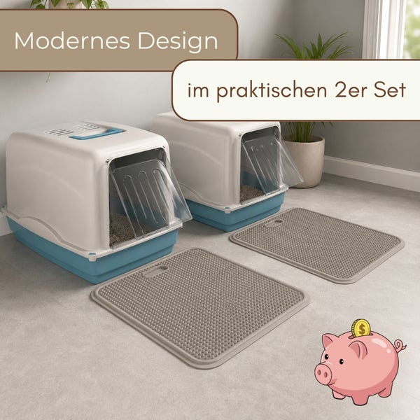 Modernes Set bestehend aus zwei Katzen-Haubentoiletten mit Schwingtür und zwei passenden Vorlegematten in einem hellen Raum.