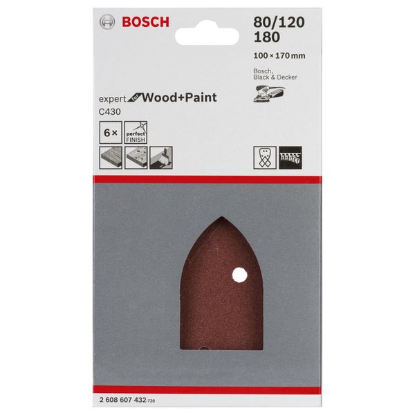 Bosch Expert Schleifblätter für Holz und Farbe, Körnung 80/120/180, 100 x 170 Millimeter, 6 Stück