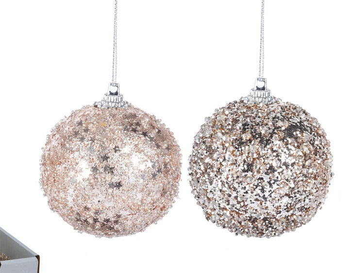 Satz von 12 Ornamenten: Champagner Ornamente mit Glitter Mix 8 cm