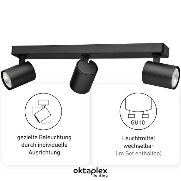 Bora LED Deckenstrahler GU10 2700K 450lm 2,5W schwenkbar 3-flammig schwarz perfekt für Wohnräume und modernes Ambiente