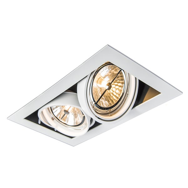 Zweiflammige weiße Einbauleuchte mit zwei schwenkbaren, runden Spots in einem rechteckigen Metallrahmen.