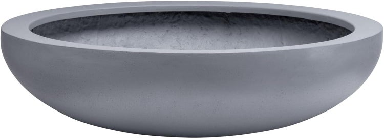 Runde, flache Pflanzschale aus grauem Material mit einer strukturierten Oberfläche in Steinoptik.