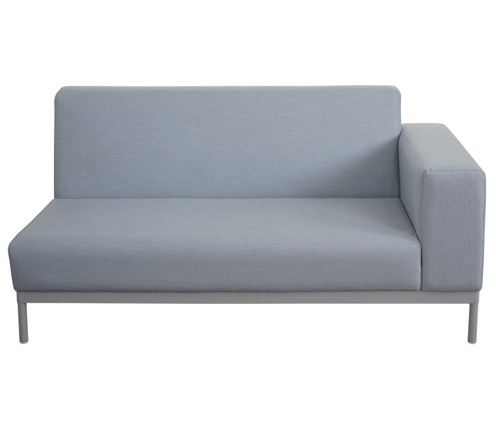 Modernes 2-Sitzer Sofa mit Armlehne rechts und Metallgestell für Garten oder Terrasse.