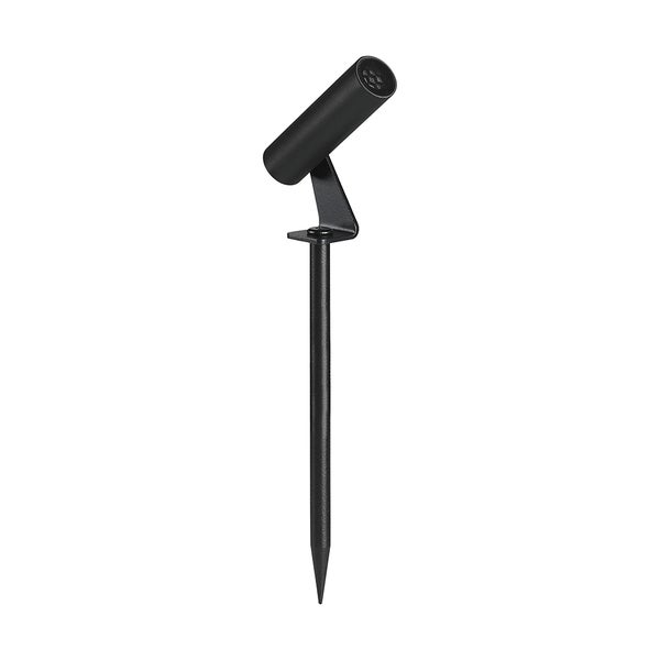 Schwarzer Gartenstrahler mit Erdspieß aus Metall für die Außenbeleuchtung.