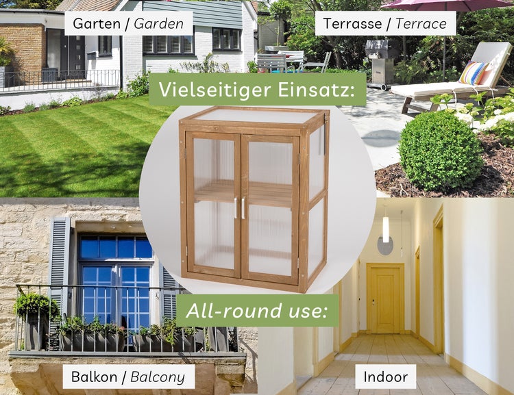 needs&wants® Mini Gewächshaus Treibhaus klein winterfest aus Holz für Balkon Garten Indoor, Frühbeet Hochbeet Pflanzschrank Anzuchthaus, Polycarbonat