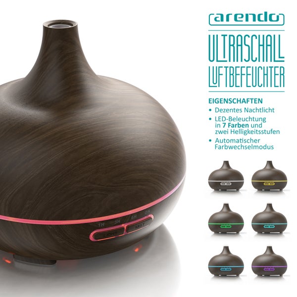 Arendo Luftbefeuchter, Aroma Diffuser in Holz Design mit LED, Diffusor, Timer Funktion, 7-Farben Wechsel, 300ml, Dunkelbraun