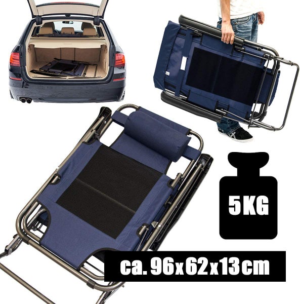 Faltbare Campingliege Freizeitliege | Verstellbare Gartenliege | Liegestuhl mit Nackenstütze | Klappliege in Dunkelblau | Stahlrahmen | Belastbarkeit max. 100KG | 178cm