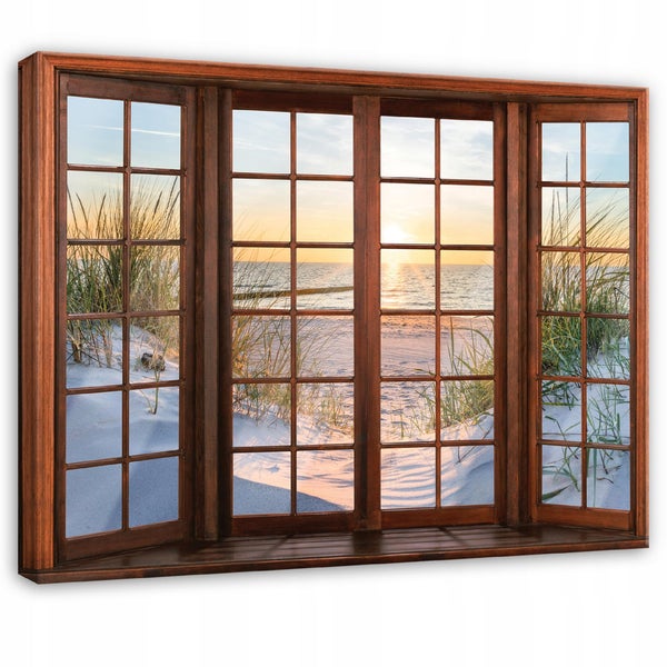Wandbild mit Fenstermotiv, Blick auf Strand, Dünen und Meer bei Sonnenuntergang, Optik eines dunklen Holzrahmens.