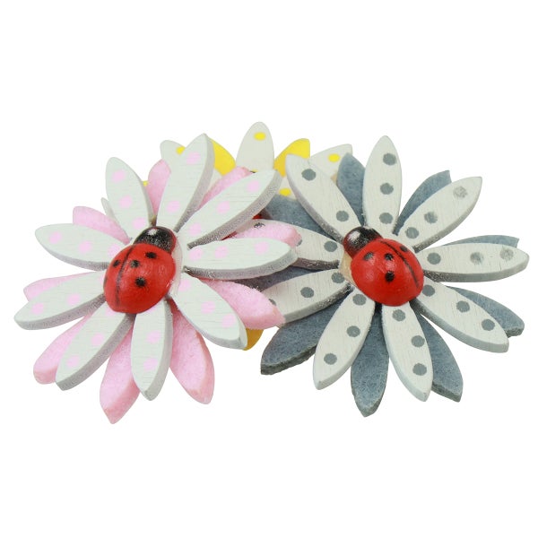 Zwei dekorative Holzblumen mit Marienkäfer