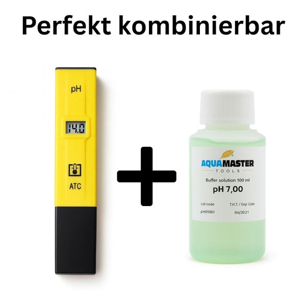 Digitales pH-Messgerät und Aqua Master Pufferlösung pH 7,00 mit 100 Milliliter Inhalt.