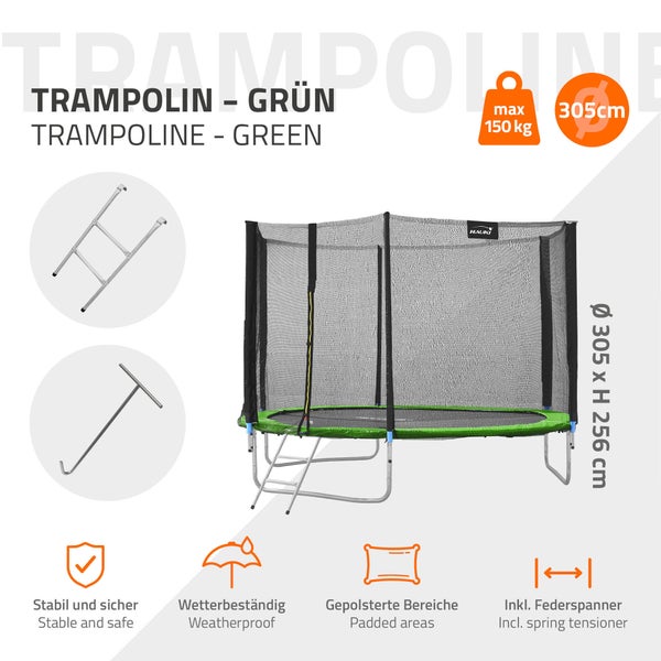 Hauki Trampolin Outdoor, Ø305 cm, Grün, GS geprüft, Rundes Gartentrampolin für Kinder bis 150 kg, Komplettset mit Sicherheitsnetz, Leiter, Randabdeckung, Gepolsterte Stangen, Stabile Kindertrampolin