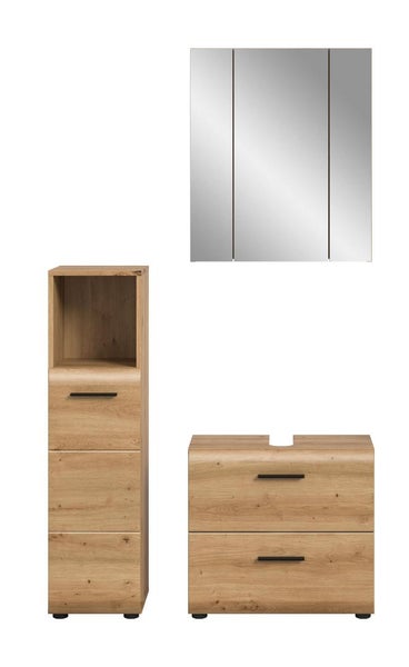 Dreiteiliges Badezimmermöbel-Set in Eichenoptik mit Spiegelschrank, Waschbeckenunterschrank und Hochschrank mit schwarzen Griffen.