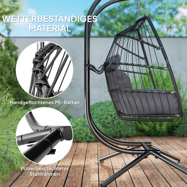 Outsunny Hängesessel mit Gestell faltbar Hängekorb mit Kissen Polyrattan Ergonomisch Hängeschaukel für 2 Personen Outdoor Hängestuhl belastbar bis 260kg Sessel für Balkon Terrasse Dunkelgrau