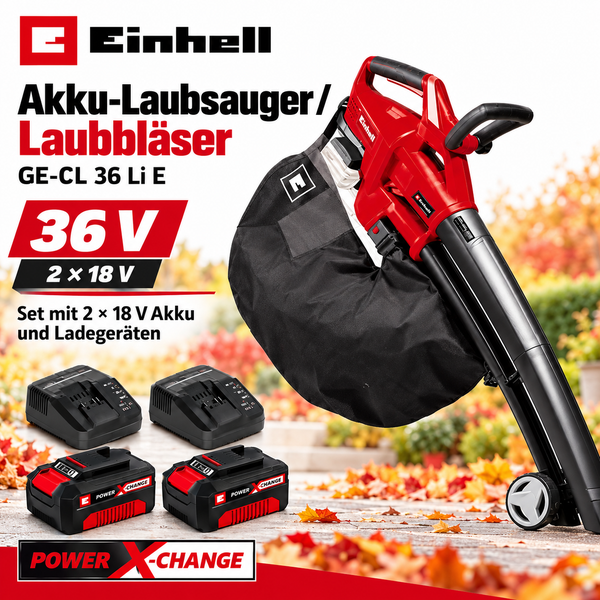 Einhell Akku Laubsauger und Laubbläser GE CL 36 Li E mit zwei 18 Volt Akkus und Ladegeräten aus der Power X Change Serie