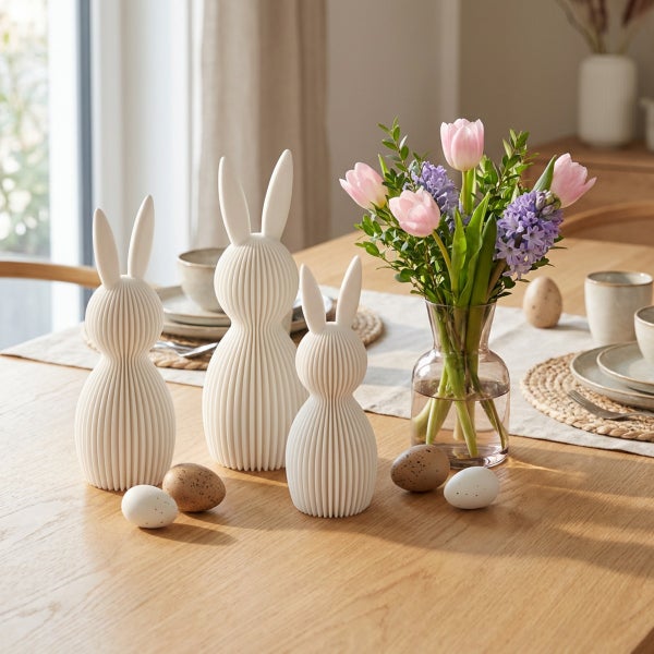 Drei gerippte Osterhasen-Dekofiguren aus Kunststoff auf einem Holztisch mit Frühlingsblumen und Ostereiern als festliche Tischdekoration.