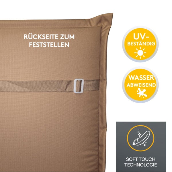 Rückseite eines Kissens mit verstellbarem Halteband zur Befestigung, UV-beständig, wasserabweisend und mit Soft-Touch-Technologie.