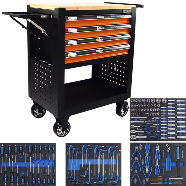 Werkstattwagen Werkzeugwagen 4 Schubladen bestückt orange Massivholz Platte Profi Compact