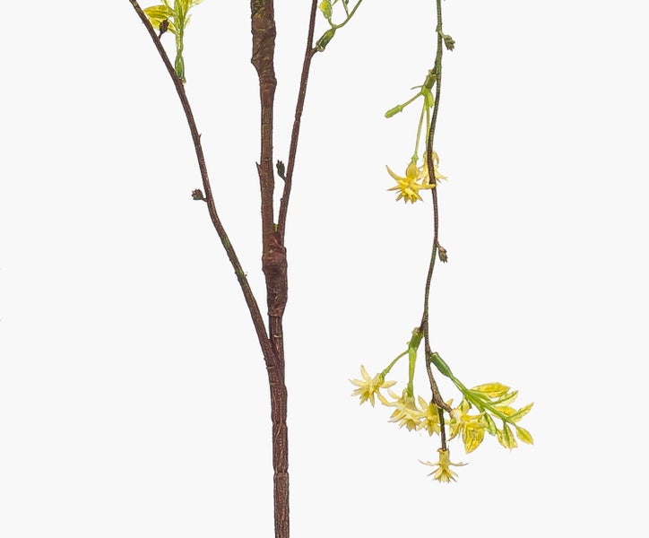 Künstlicher Zweig mit gelben sternförmigen Blüten und grünen Blättern.
