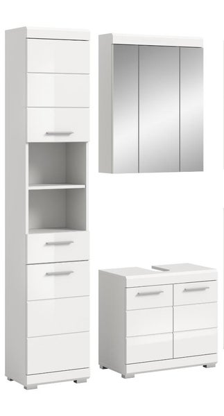 Dreiteiliges Badezimmermöbel-Set in Weiß, bestehend aus Hochschrank mit Regalfächern, Spiegelschrank und Waschbeckenunterschrank.