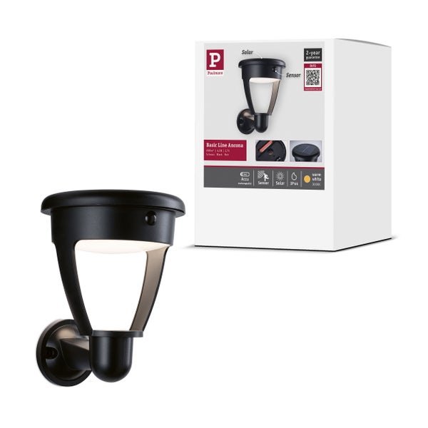 Paulmann Solar Wandleuchte Basic Line Ancona mit Bewegungsmelder und warmweißer Beleuchtung in der Produktverpackung.