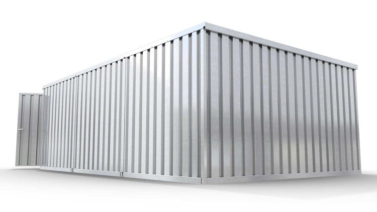 Lagercontainer Gerätehaus XL3  – 32 qm, H2150 x B5080 x T6520 mm, verzinkt, mit Holzfußboden, 2750 mm Doppelflügeltür mittig in Stirnseite, zerlegt