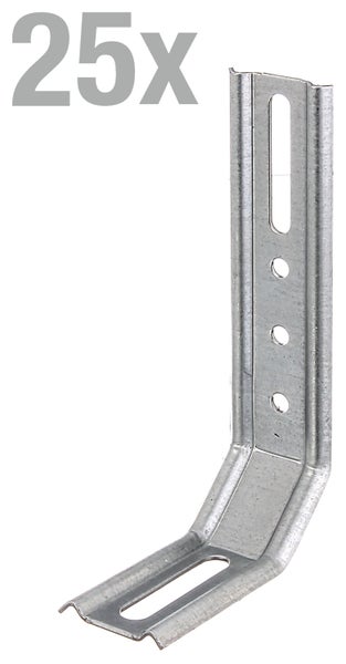 Set mit 25 Stück verzinkten Montagewinkeln aus Metall mit Langlöchern und Rundlöchern für eine flexible Befestigung.