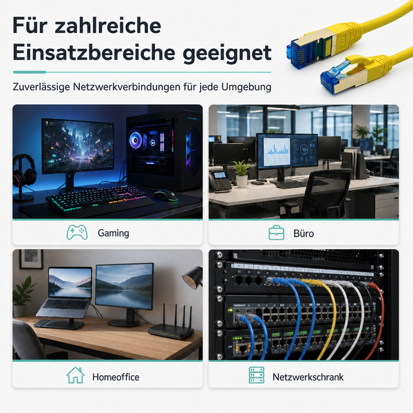 Infografik zu Einsatzbereichen von Netzwerkkabeln: Gaming, Büro, Homeoffice und Netzwerkschrank mit Switches.
