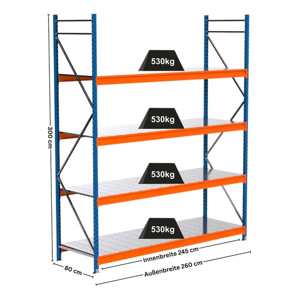 Schwerlastregal mit vier Ebenen und einer Traglast von 530 Kilogramm pro Ebene