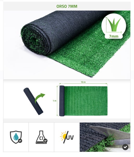 Kunstrasen Orso mit 7 Millimeter Florhöhe in einer Rolle von 1 mal 10 Meter, wasserdurchlässig, chlorbeständig und UV-beständig.