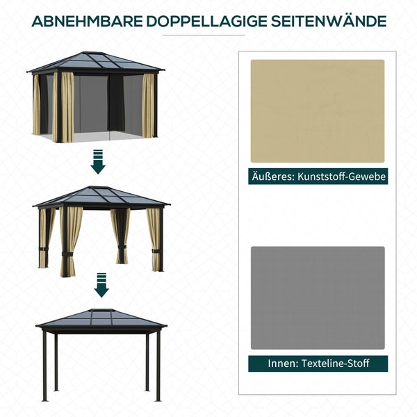 Outsunny Pavillon, Gartenpavillon, mit lichtdurchlässigem PC Dach, 300 x 360 x 265 cm, Alu, Schwarz+Braun+Beige