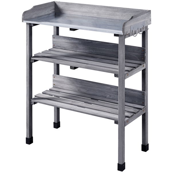 Grauer Pflanztisch mit drei Ablageflächen und Hakenleiste
