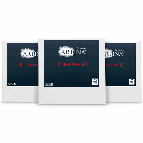 Set aus drei quadratischen Artina Premium 3D Leinwänden mit FSC Zertifizierung für Künstlerbedarf.