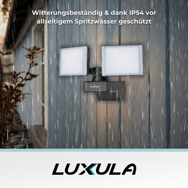 Doppelte Aussenleuchte mit Spritzwasserschutz und Luxula Logo