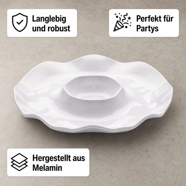 Weiße Snackschale aus Melamin mit welligem Rand und zentralem Dip-Bereich, langlebig, robust und ideal für Partys.
