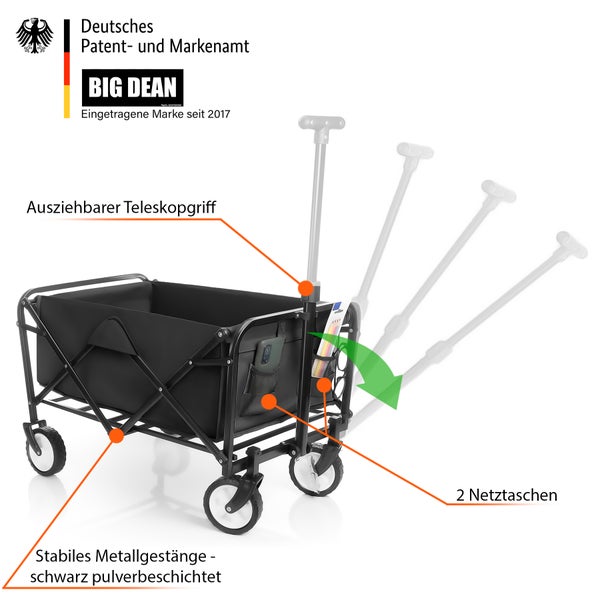 BigDean Bollerwagen faltbar schwarz belastbar bis 80kg – kompakter Bollerwagen platzsparend zusammenklappbar für Ausflüge, Camping & Einkäufe