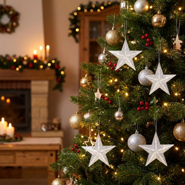 Geschmückter Weihnachtsbaum mit Sternanhängern und Kugeln vor einem Kamin in einem weihnachtlich dekorierten Wohnzimmer.
