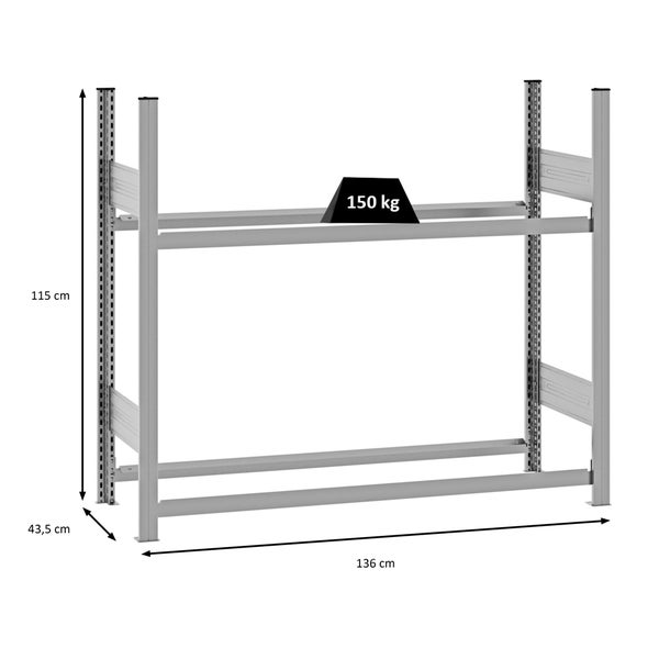 Metallregal-Gestell, 136 mal 43,5 mal 115 Zentimeter, Tragkraft 150 Kilogramm.