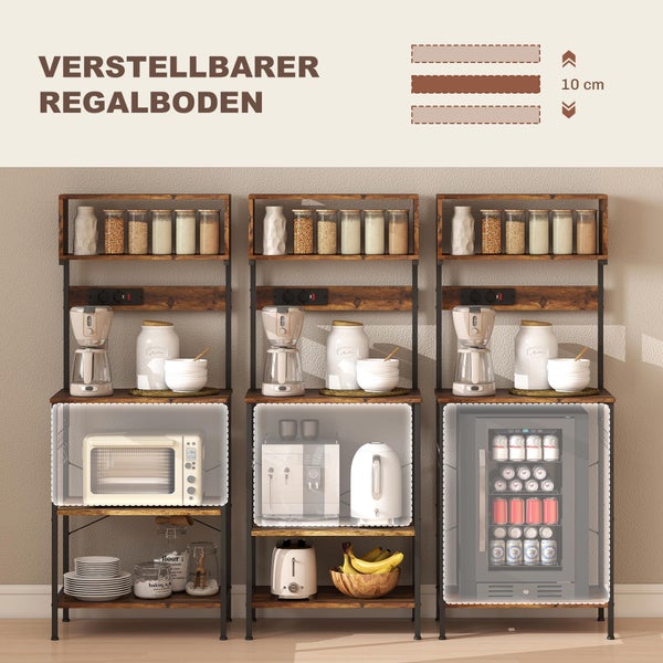 Küchenregal aus Metall und Holz mit verstellbarem Fachboden in 10 Zentimeter Schritten für Küchengeräte wie Mikrowellen oder Kaffeemaschinen.