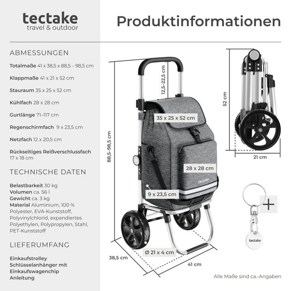 tectake Logo. Infografik zum faltbaren Einkaufstrolley mit Bemaßung in circa Zentimetern, technischen Daten und Schlüsselanhänger mit Chip.
