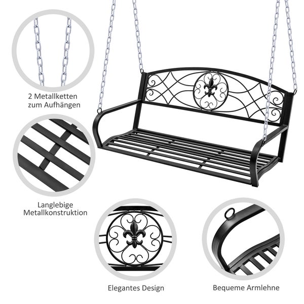 Outsunny Hollywoodschaukel, 2-Sitzer Gartenschaukel mit Ketten, 132 x 63 x 58 cm, Metall, Schwarz