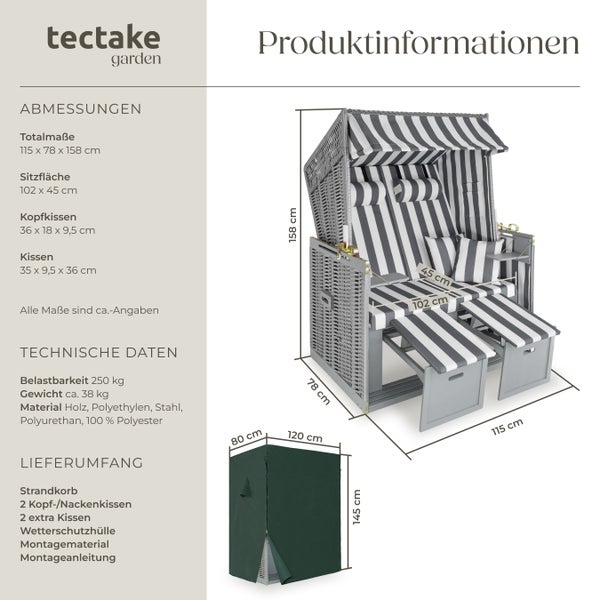 Strandkorb tectake Sylt 115 x 158 x 78 cm gepolstert mit ausziehbaren Fußbänkchen grau/weiß