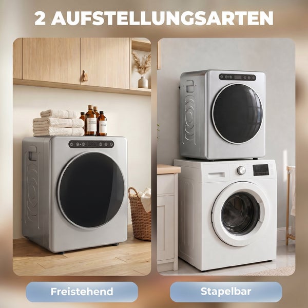 Zwei Aufstellungsarten für einen Wäschetrockner: freistehend auf dem Boden oder stapelbar auf einer Waschmaschine.