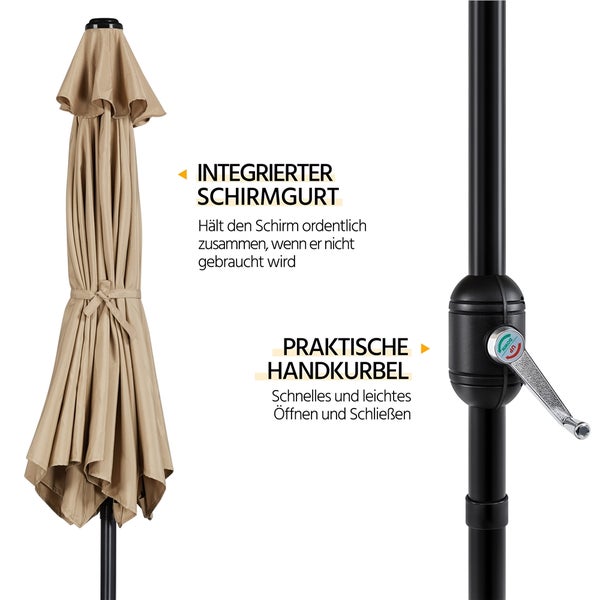 Geschlossener Sonnenschirm mit integriertem Schirmgurt und Handkurbel