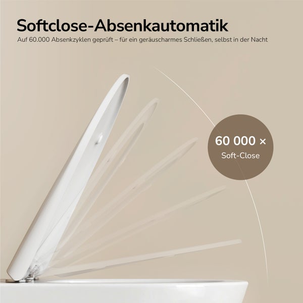 WC-Sitz mit Softclose-Absenkautomatik, geprüft auf 60.000 Absenkzyklen für geräuscharmes Schließen.