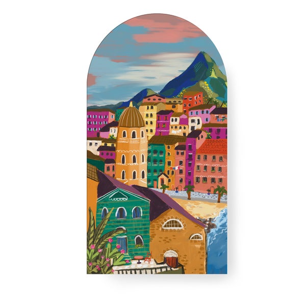 Dekoratives Fensterbild mit einem bunten Küstenstadt-Motiv