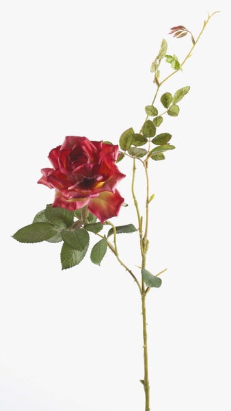Künstliche Rose mit einer roten Blüte, grünen Blättern und einem langen Stiel.