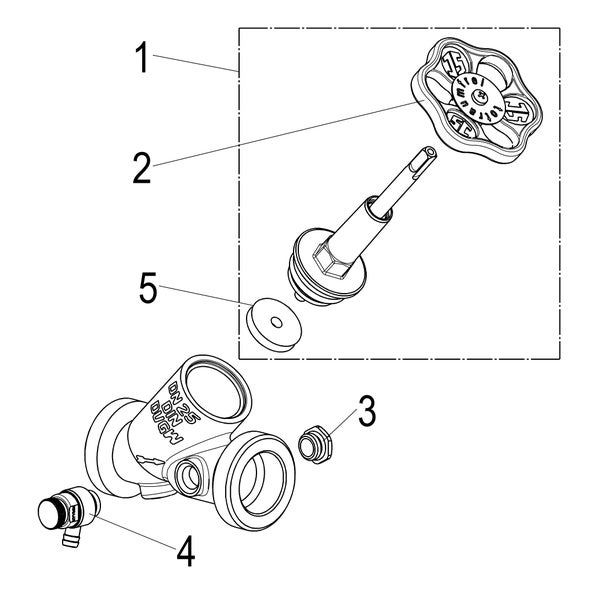 Explosionszeichnung eines Schrägsitzventils mit nummerierten Einzelteilen wie Handrad, Ventiloberteil und Entleerungsventil.