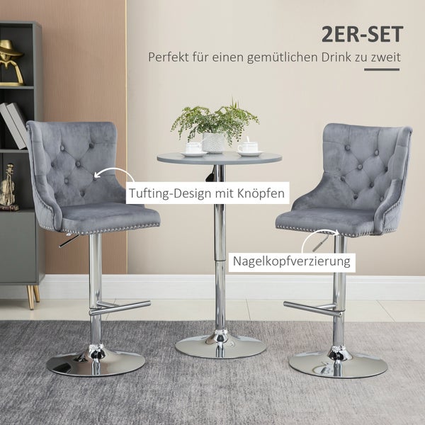 HOMCOM 2er Set Barhocker Barstühle Drehstühle mit Fußstütze, höhenverstellbare Wohnzimmerstühle mit Samt-Optik, für Bartheke, Küche, Hellgrau, 46 x 55 x 102-123 cm