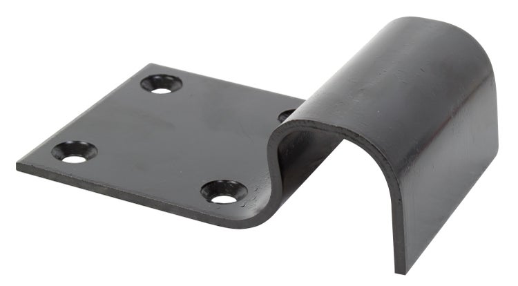 Ein metallener Zaunbeschlag mit Montageplatte und bogenförmiger Halterung zum Befestigen von Zaunlatten oder Pfosten.