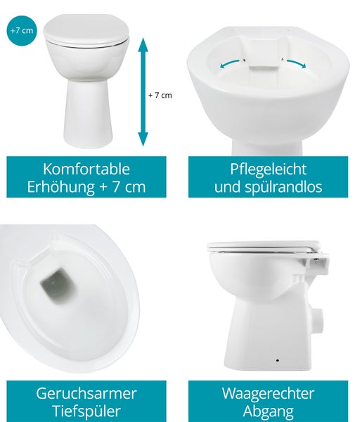 Calmwaters® Spülrandloses Stand WC mit 7 cm Erhöhung im Set mit WC Sitz mit Absenkautomatik und Spülkasten, 99000187